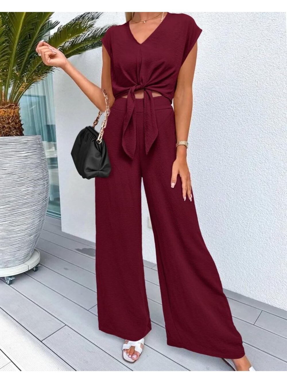 Women's Wine Red  Summer 2 Piece Outfits Cap Sleeve V Neck Belted Crop Tops - Picture 2 of 6